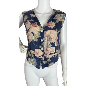 VTG Les Copains Floral Bloomcore Linen Vest 44 Sleeveless Button Top Cottagecore